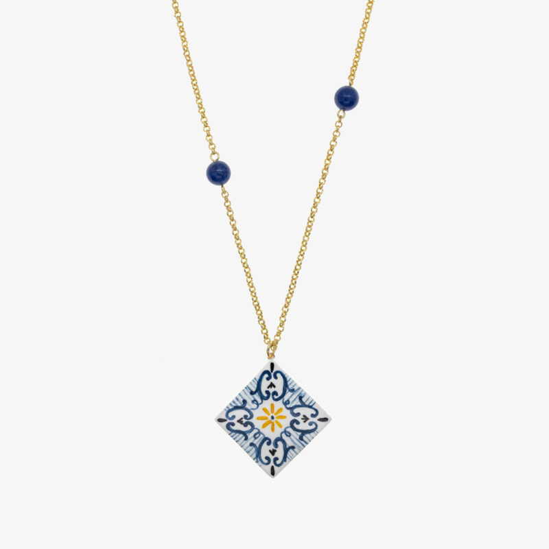 Collana con maiolica blu scuro e giallo