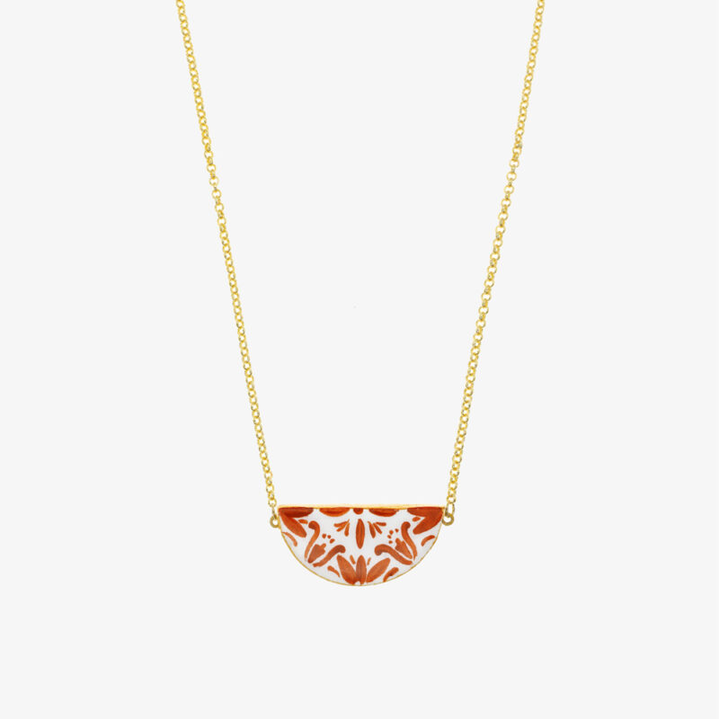 Necklace with orange and gold half-moon majolica
