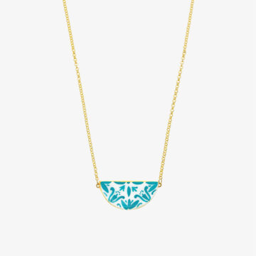Necklace with aqua-green and gold half-moon majolica